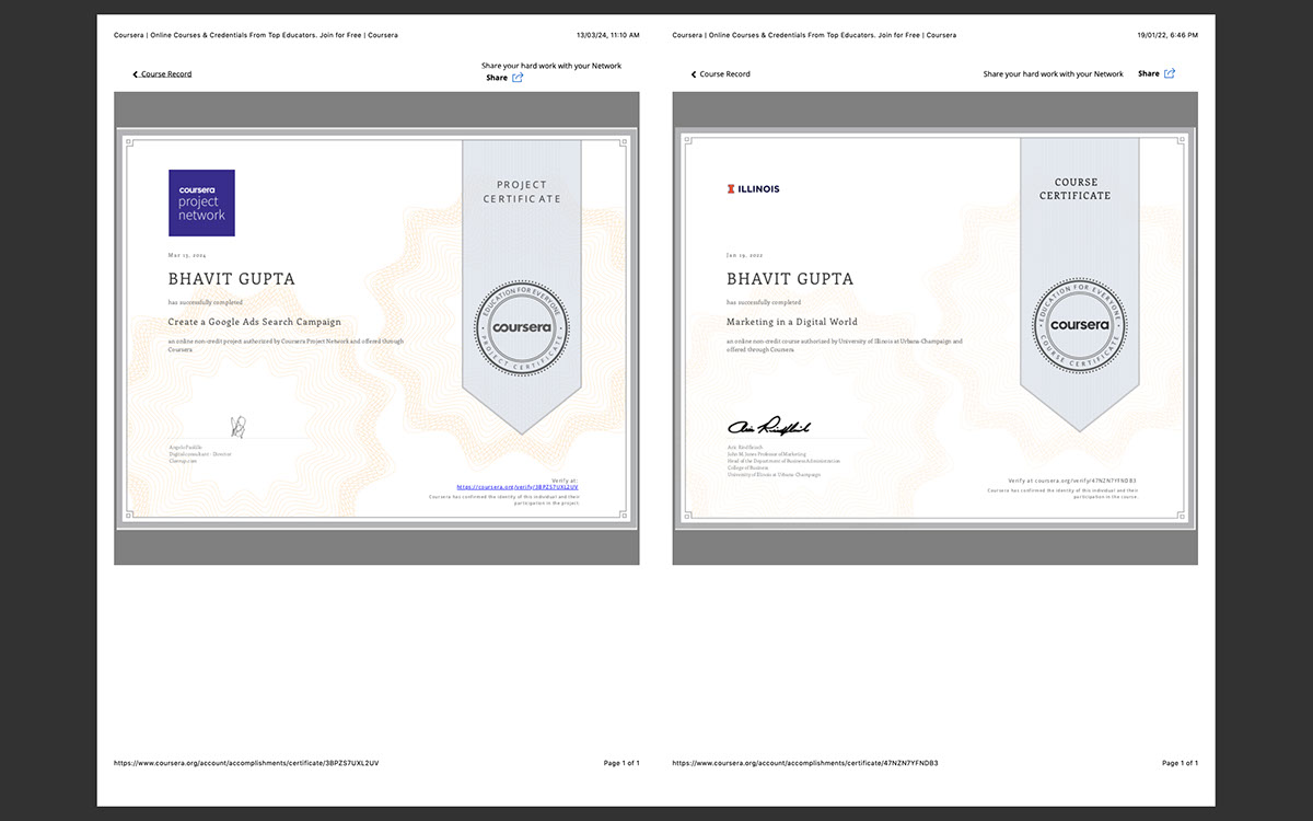 Certifications from Coursera and 3d printing and Designing on Behance ...