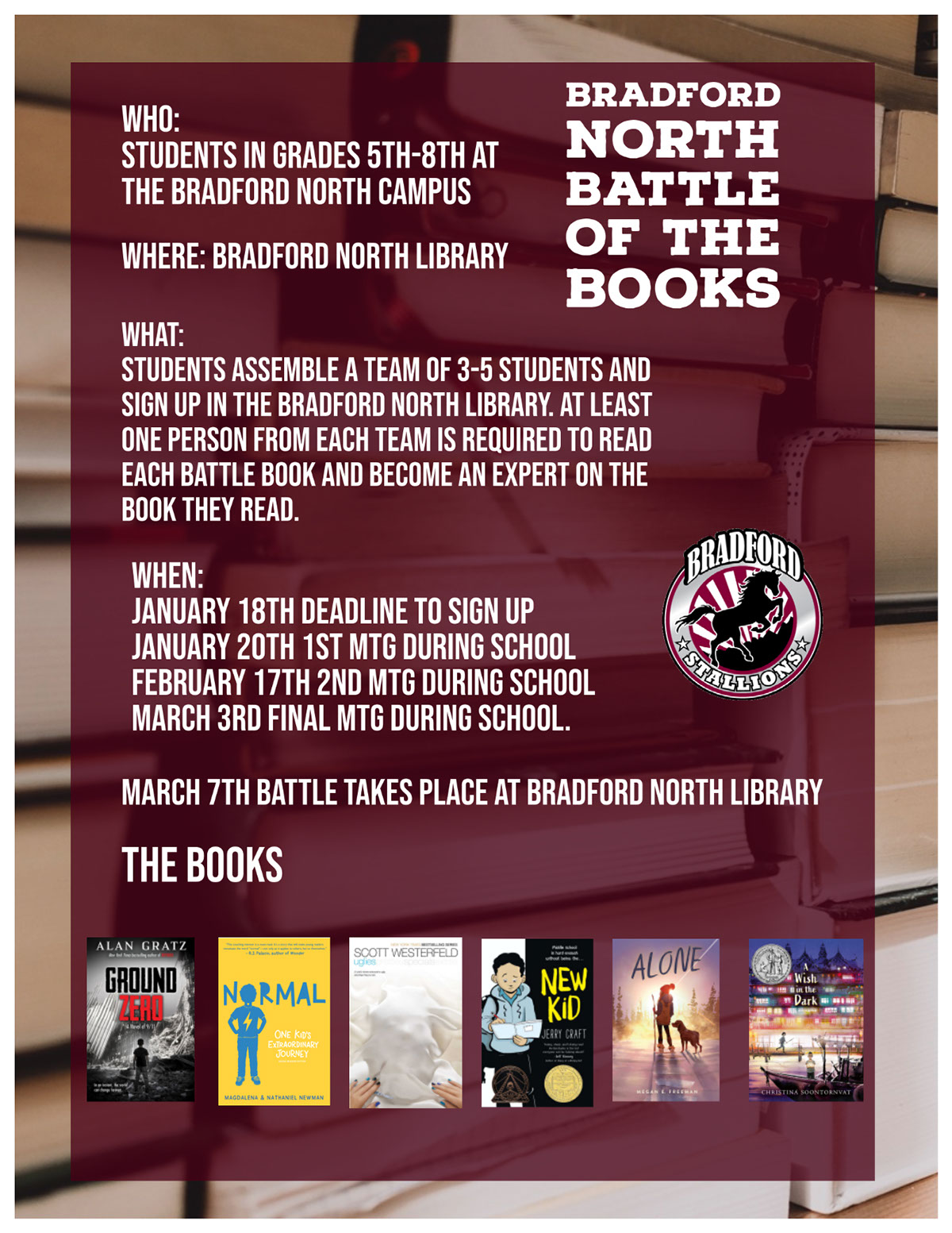 Bradford North Battle of the Books Bradford North Battle of the Books The Books Where: Bradford North Library March 7th Battle Takes Place at Bradford North Library Who: Students in grades 5th-8th at the Bradford North campus When: January 18th deadline to sign up January 20th 1st mtg during school February 17th 2nd mtg during school March 3rd final mtg during school. What: Students Assemble a team of 3-5 students and sign up in the Bradford North Library. At least one person from each team is required to read each battle book and become an EXPERT on the book they read.