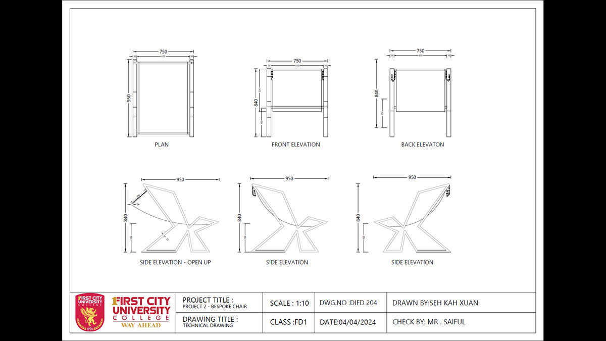 Technical Drawing of Bespoke Chair rendition image