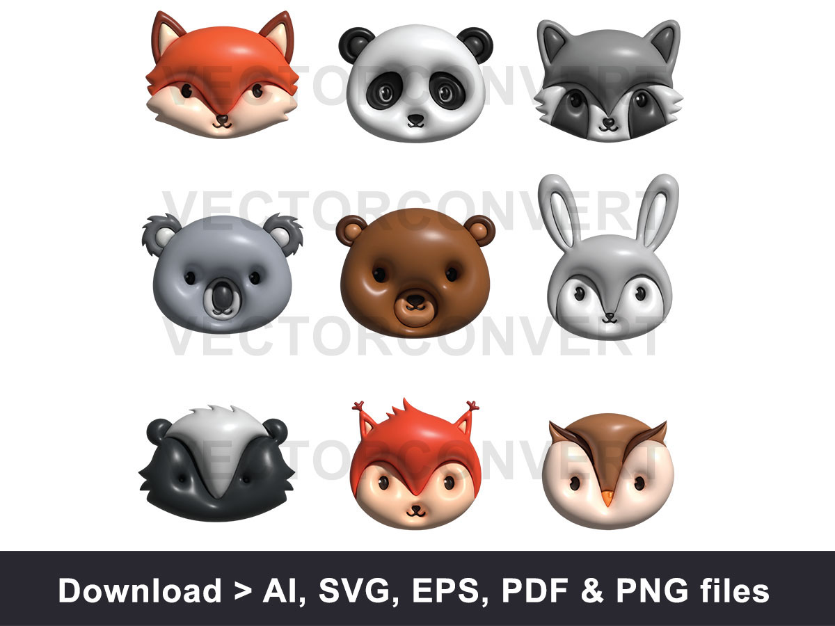 Animal head icons collection inflated vector illustration rendition image