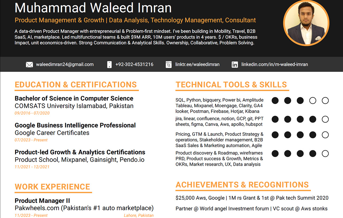 Waleed 1 pager resume rendition image