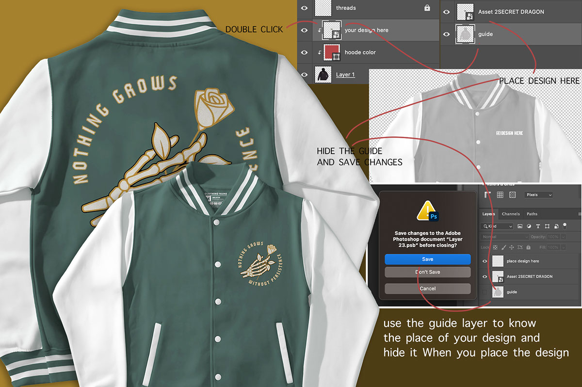 Varsity Jacket mockup psd front and back template rendition image