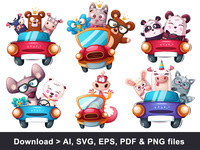 Cute cartoon animals in car vector illustration