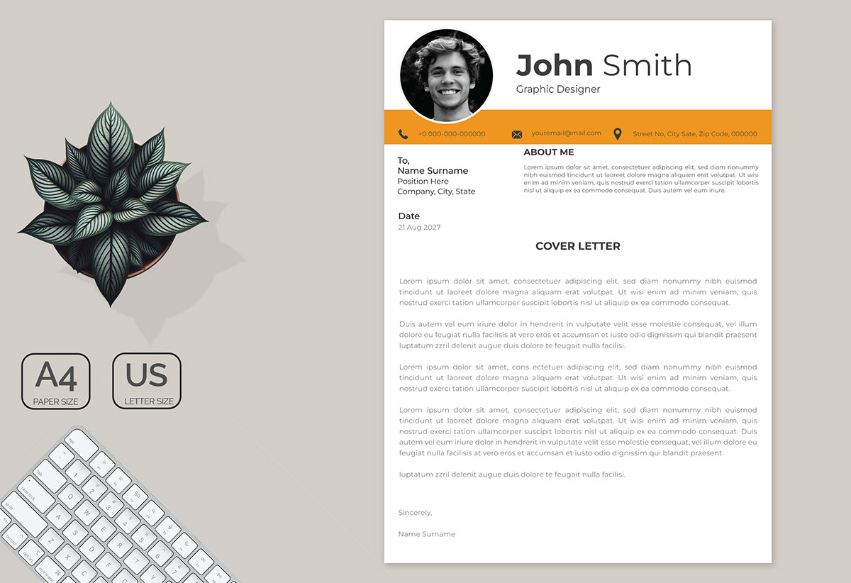 Free Professional Simple Resume CV with Cover Letter rendition image