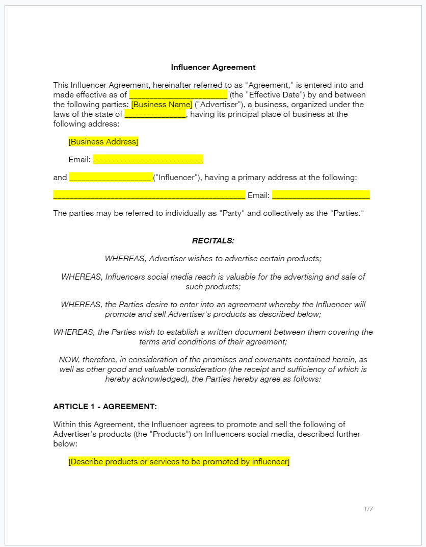 Influencer Agreement Template rendition image