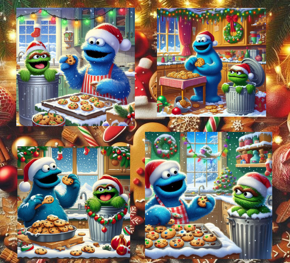 Cookie Monster and Oscar at Christmas rendition image