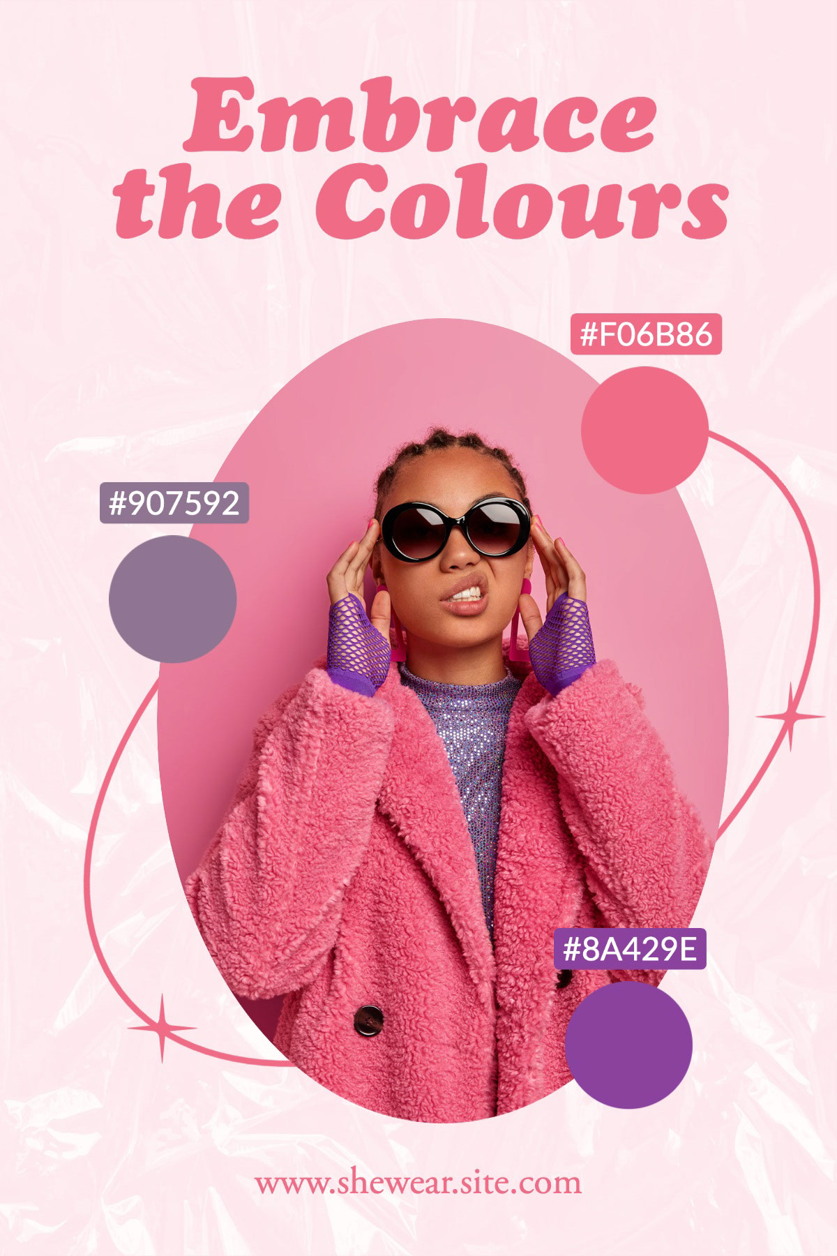 Pink Playful Outfit Colour Palette Pinterest Post Embrace the Colours #8A429E #F06B86 #907592 www.shewear.site.com