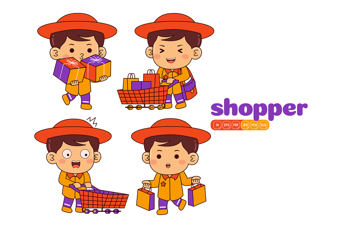 Kids Boy Shopper Profession Vector Pack rendition image