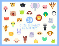 Cute heads animals vector illustration set