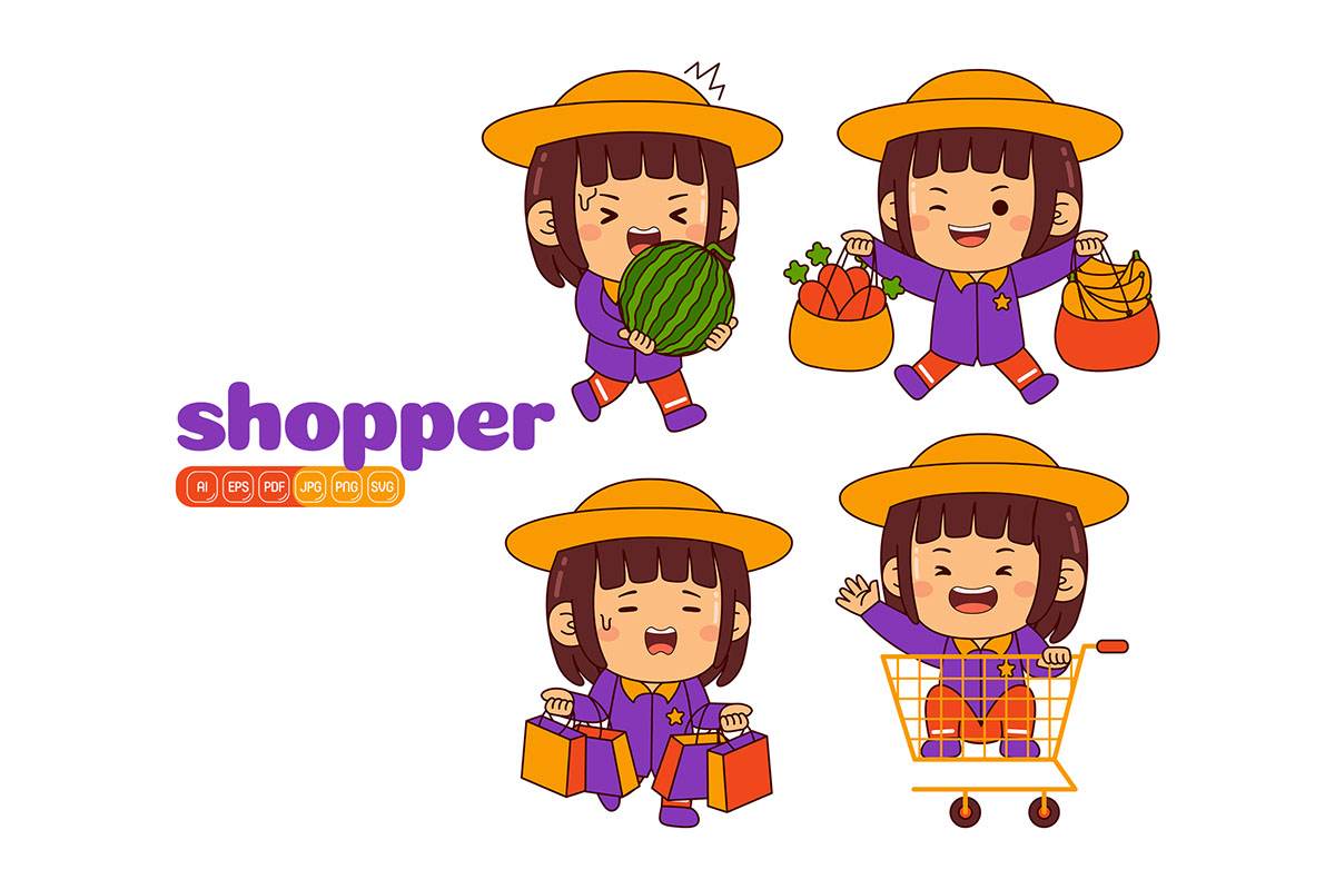 Kids Girl Shopper Profession Vector Pack rendition image