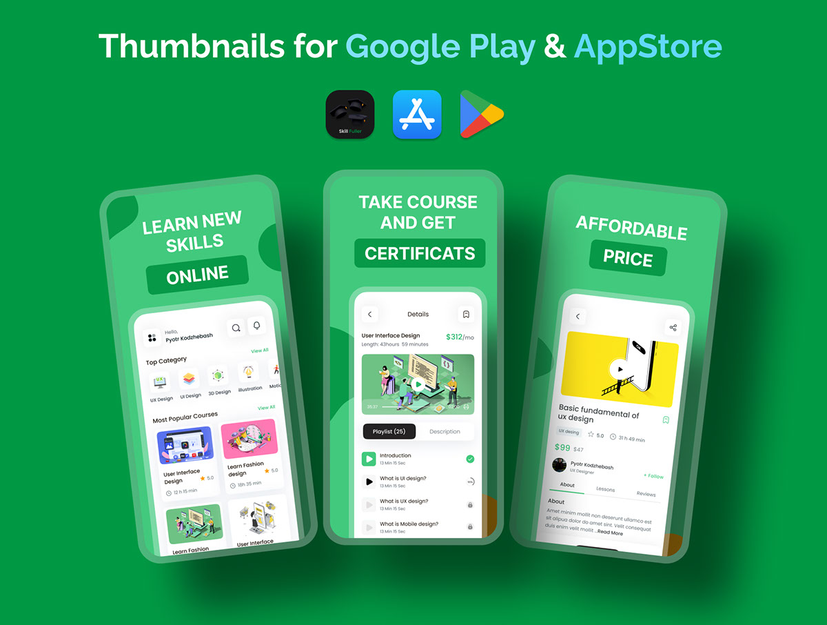 E-Learning UI Kit - Mobile App UI  - skillfuller rendition image