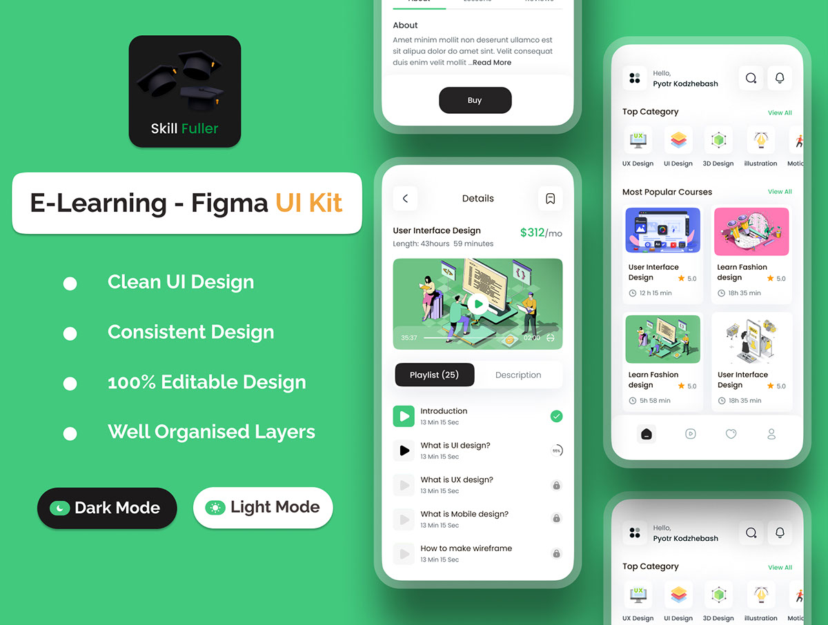 E-Learning UI Kit - Mobile App UI  - skillfuller rendition image