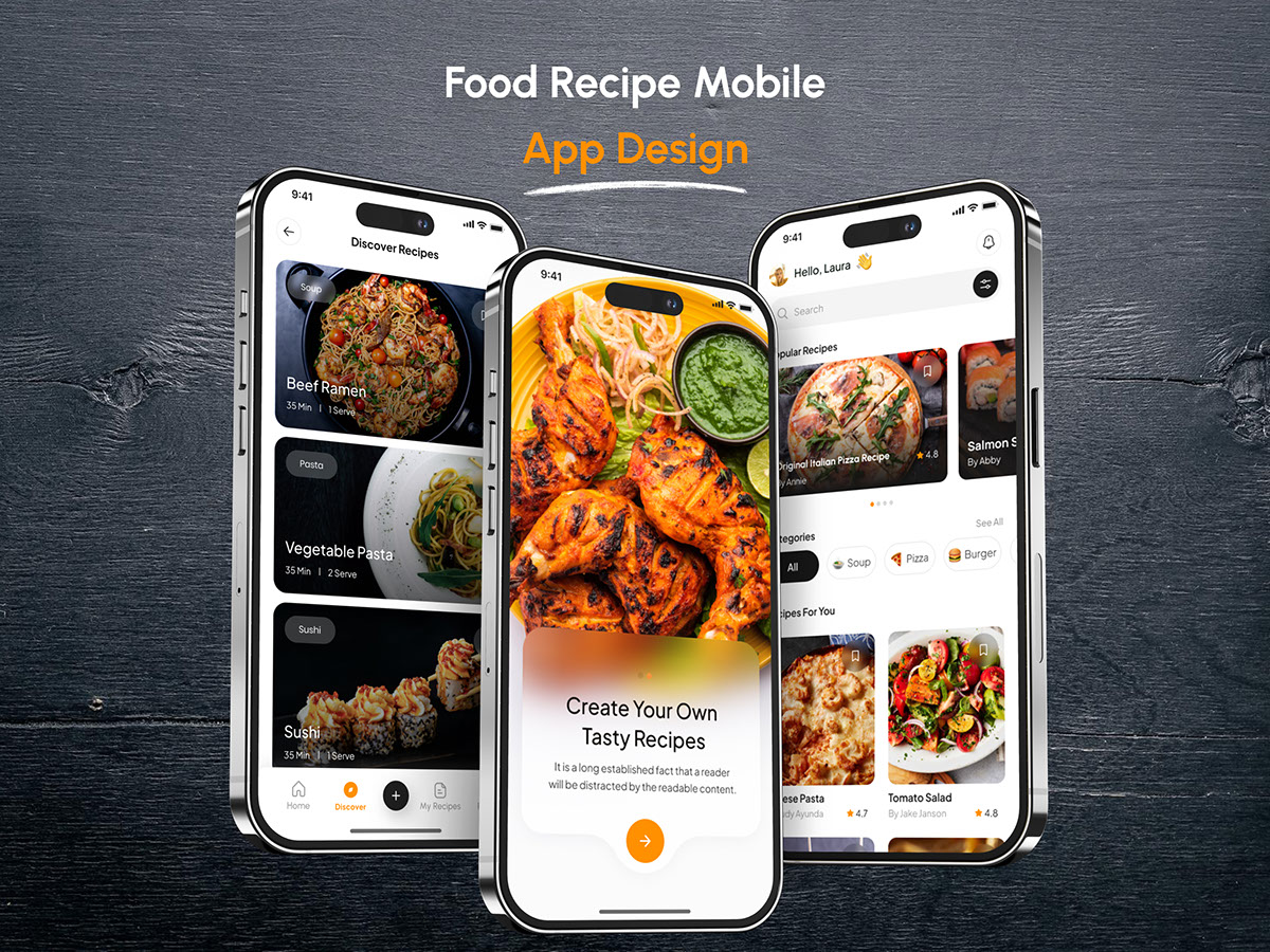 Food Recipe Mobile App UI Design rendition image