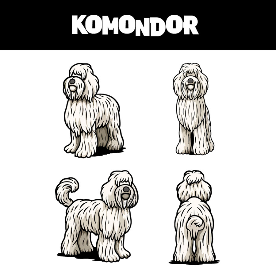 Komondor-dog-breed-character-sheet rendition image