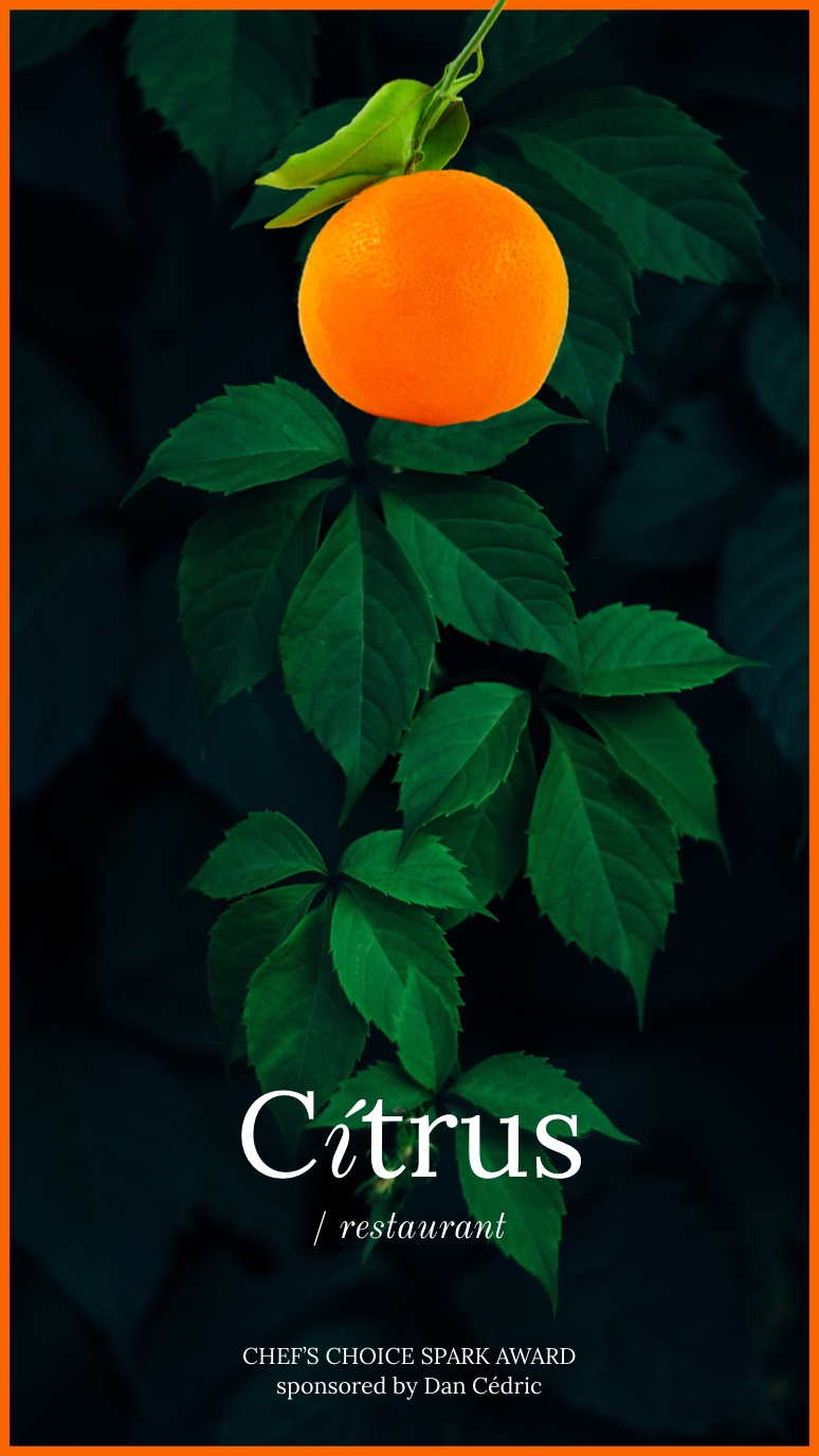 Orange and Green Citrus Restaurant Instagram Story Cítrus<P>/ restaurant<P>CHEF’S CHOICE SPARK AWARD<BR>sponsored by Dan Cédric
