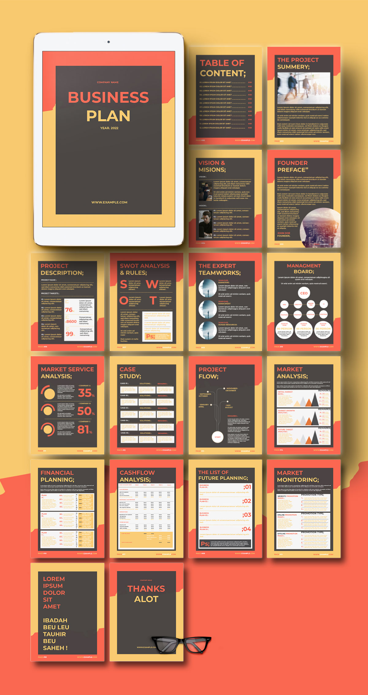 Business Plan Layout with Orange and Yellow Accent rendition image