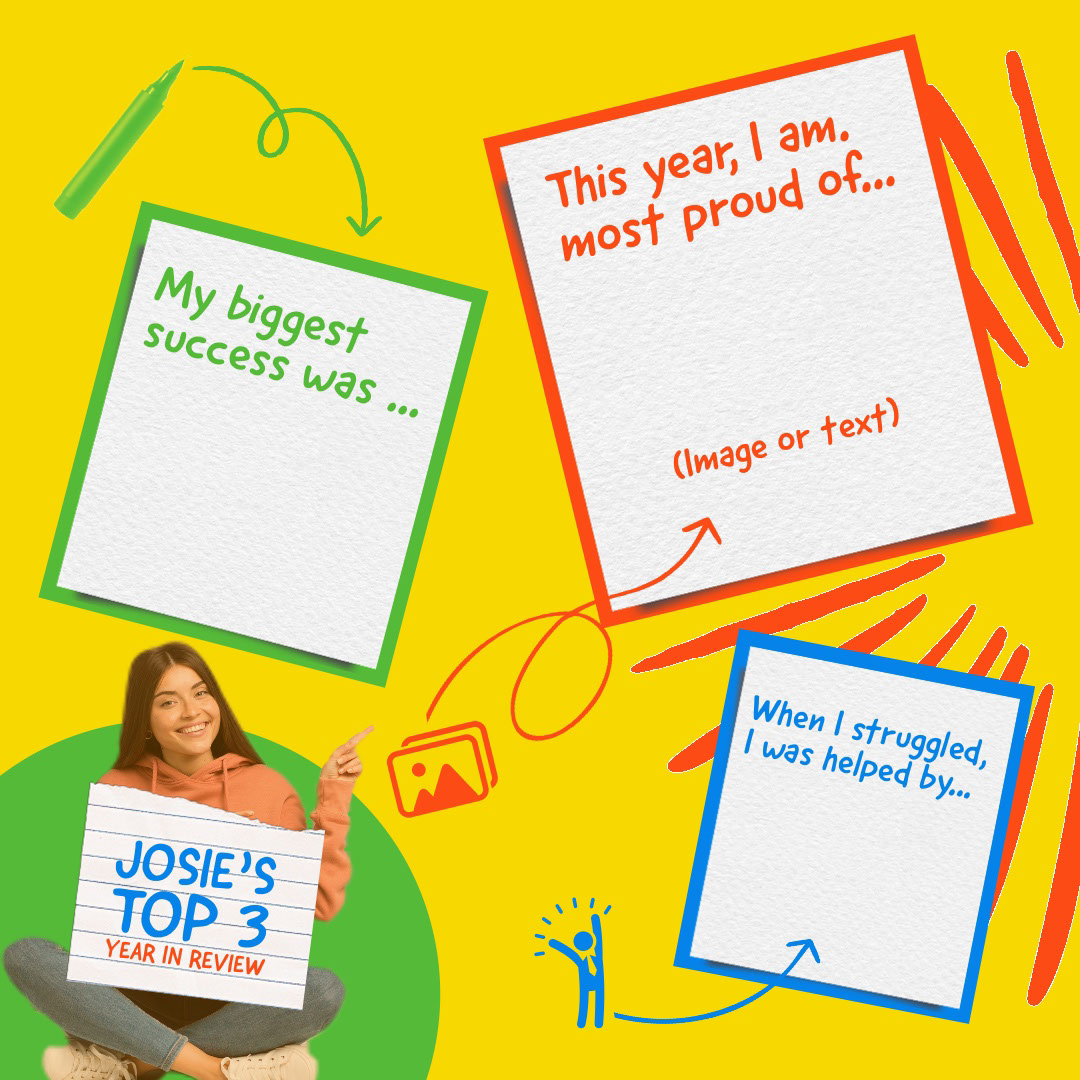 My biggest success was ... My biggest success was ... This year, I am. most proud of... Josie’s Top 3 Year in Review (Image or text) When I struggled, I was helped by...