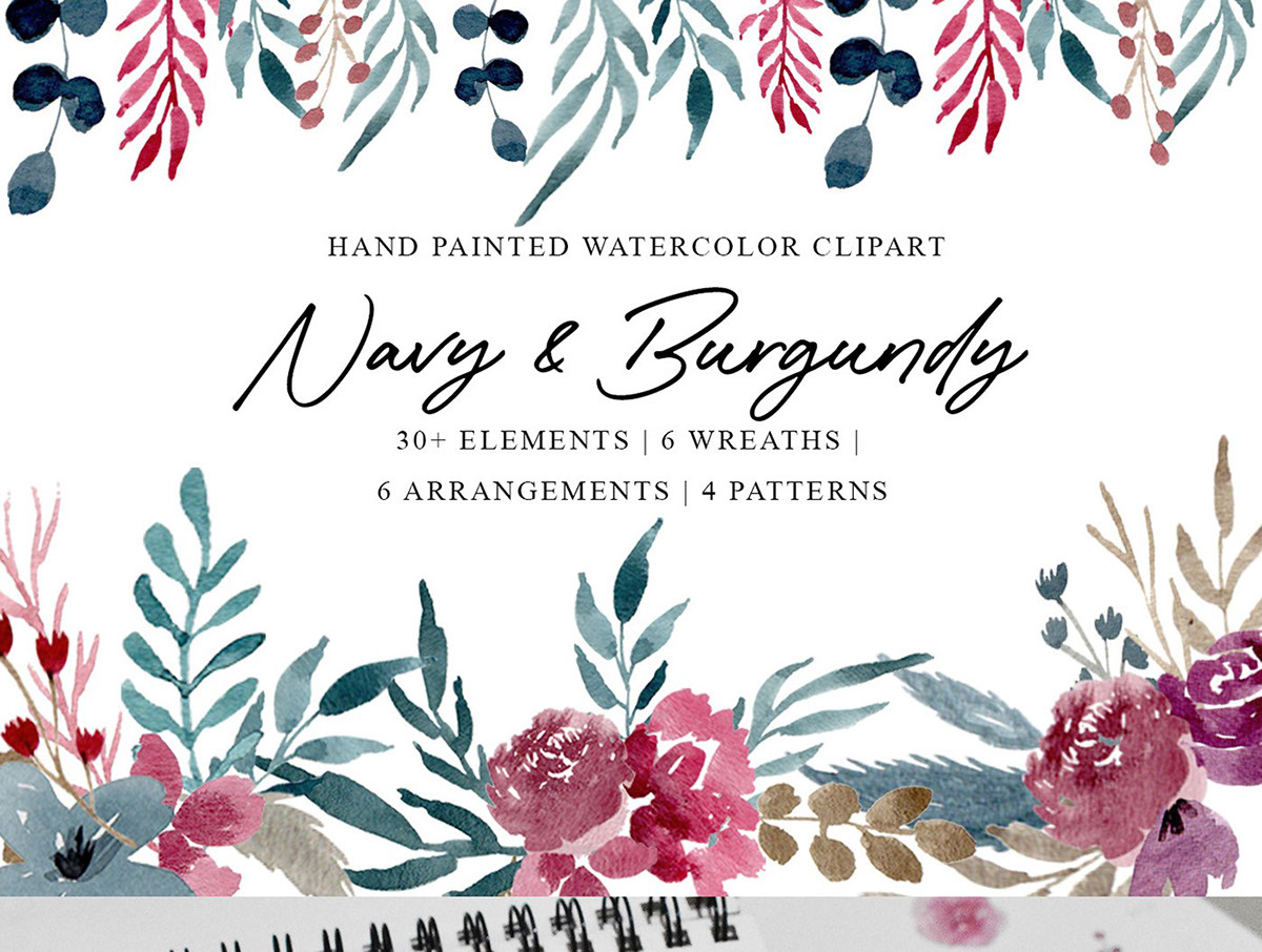 Free Navy Burgundy Watercolor Clipart rendition image