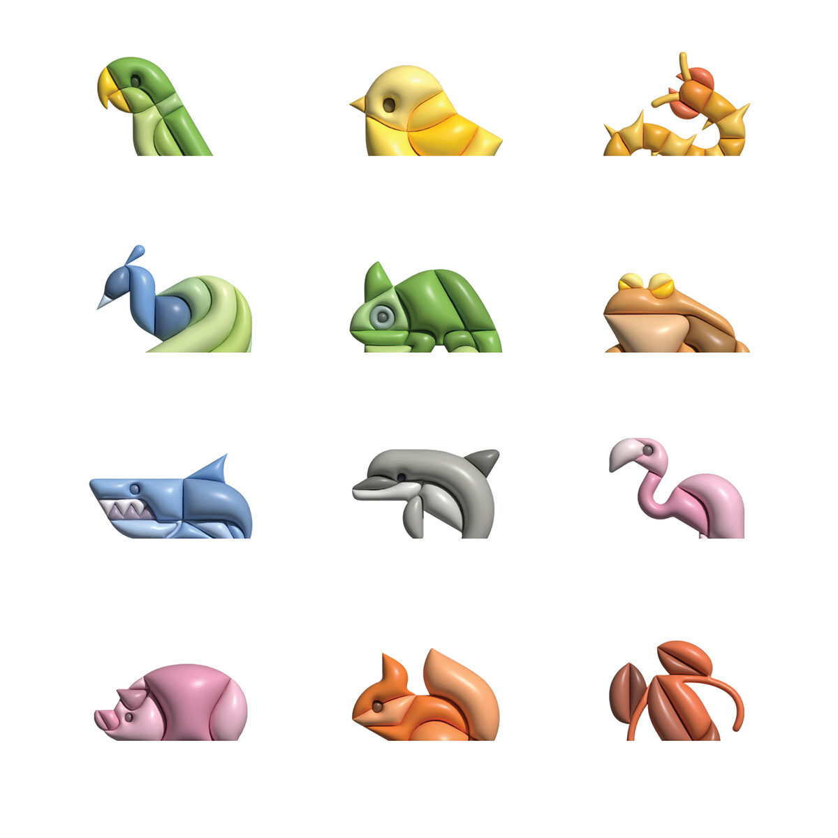 Cute animal icons inflated vector illustration rendition image