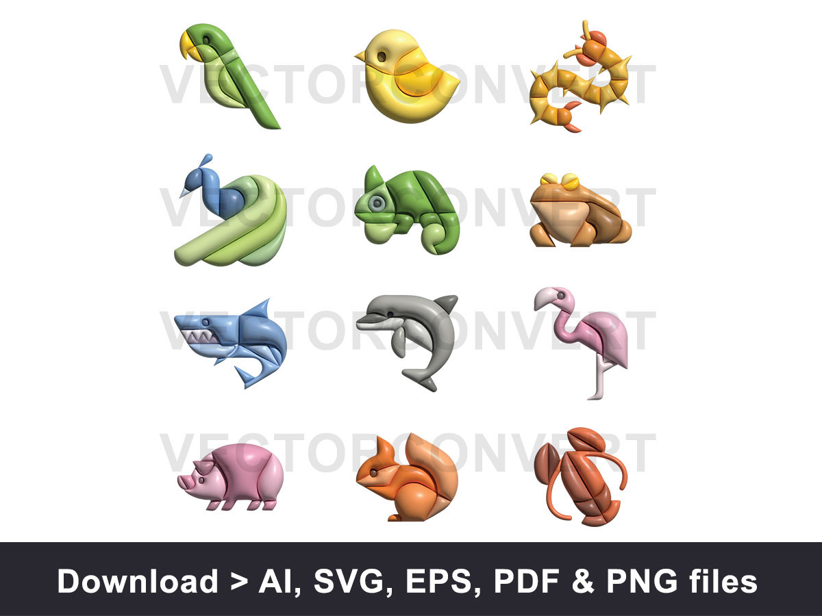 Cute animal icons inflated vector illustration rendition image