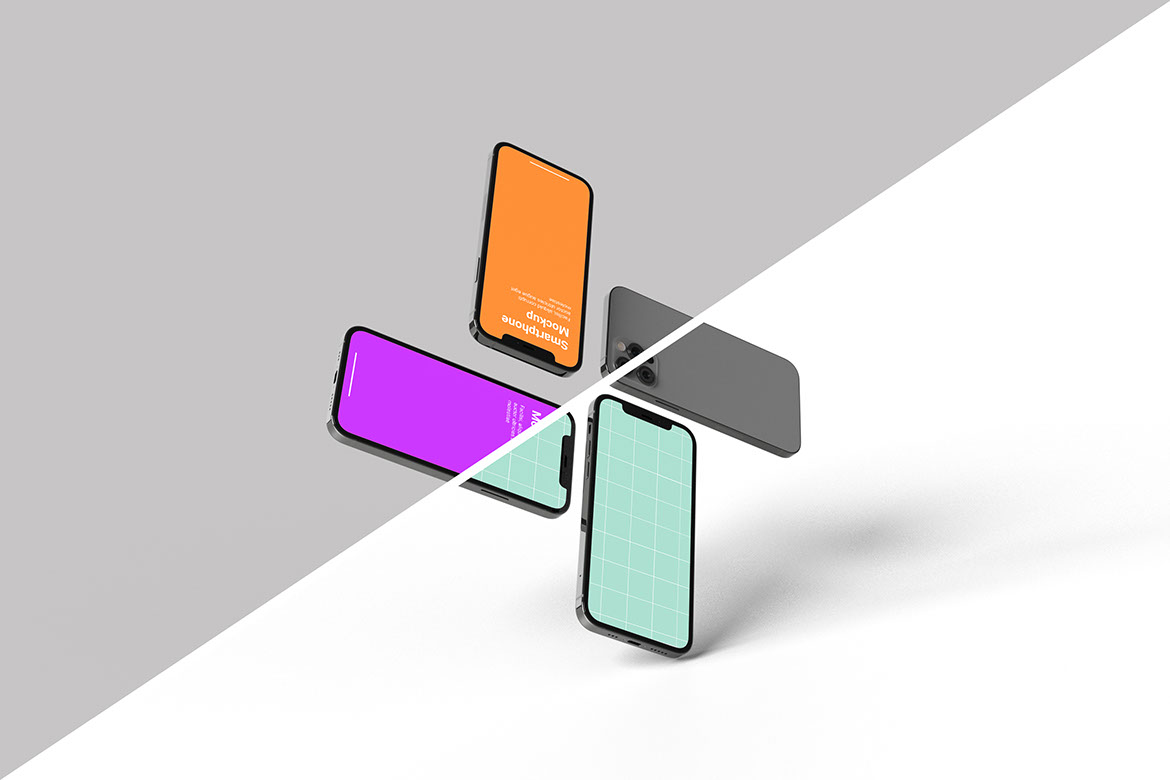 Four Floating Smartphone Mockup rendition image