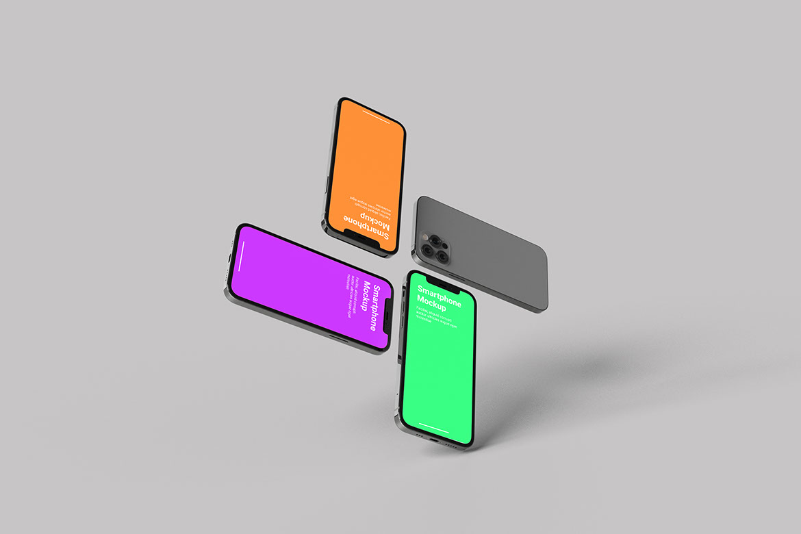 Four Floating Smartphone Mockup rendition image