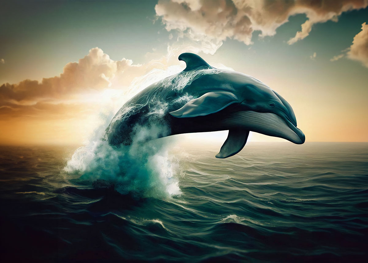 Dolphin Jumping Out Of Water Painting rendition image