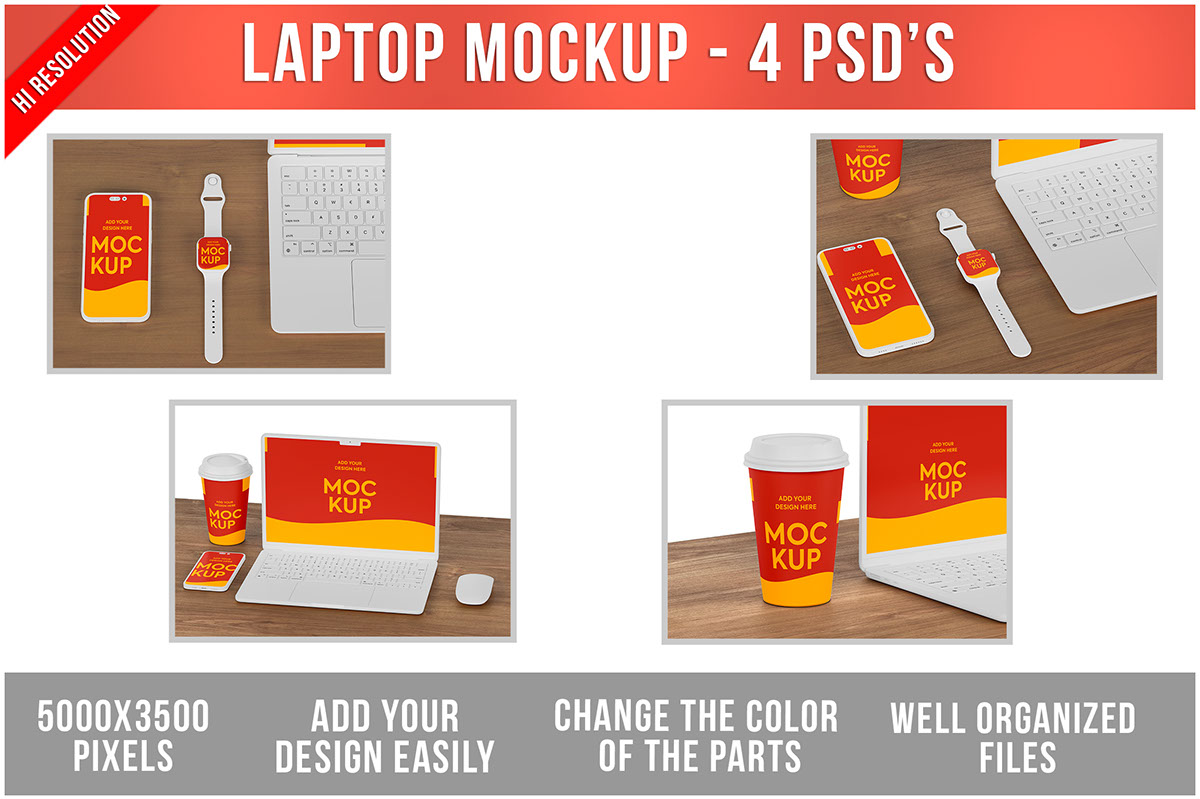 Laptop Cellphone and Watch on Wooden Table Mockup rendition image