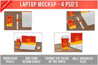 Laptop Cellphone and Watch on Wooden Table Mockup