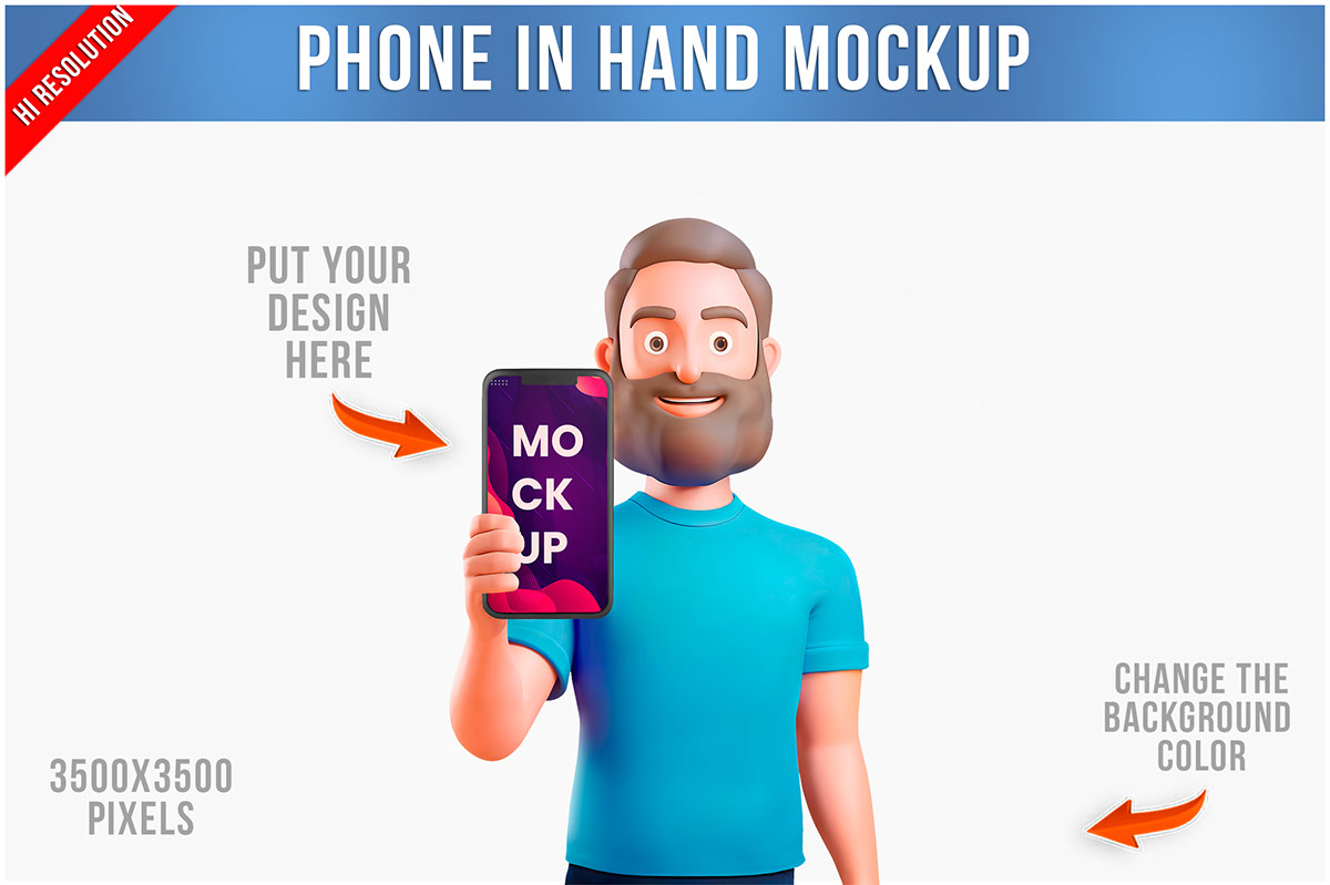 Cartoon man holding a cell phone in his hand mockup rendition image