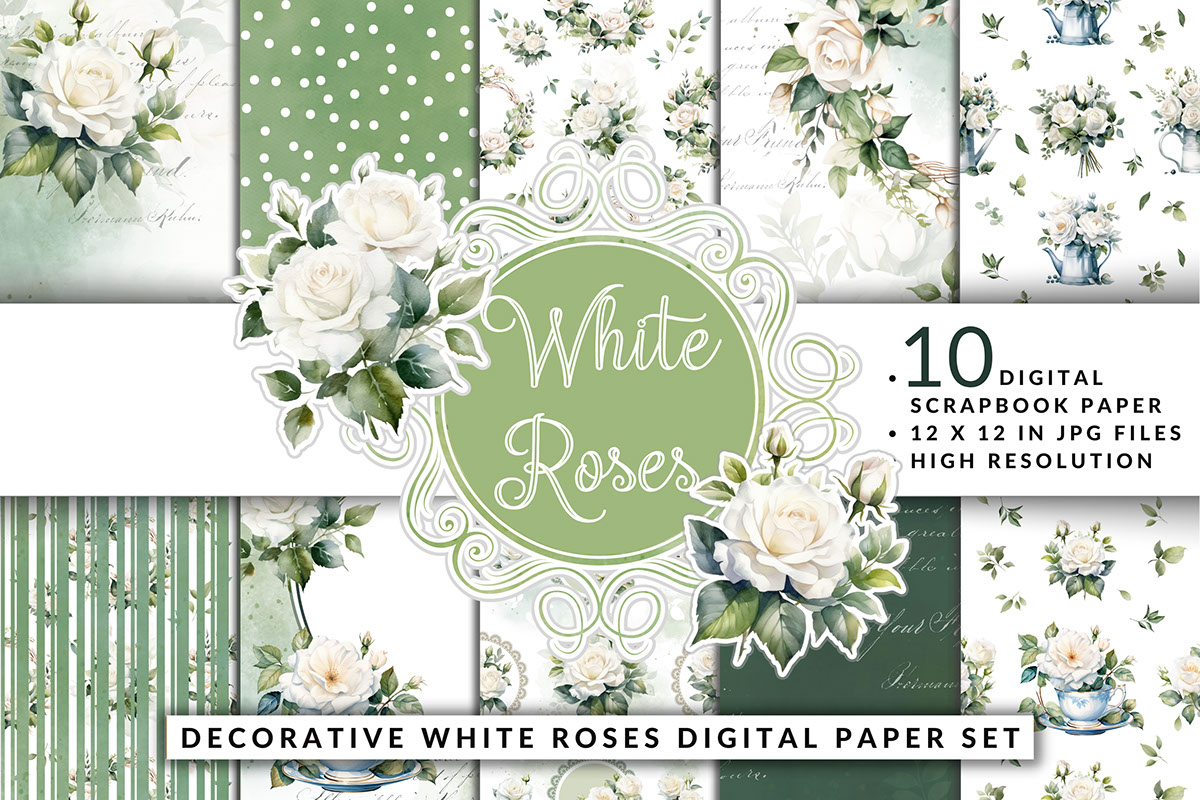 Decorative White Roses Digital Paper Set rendition image