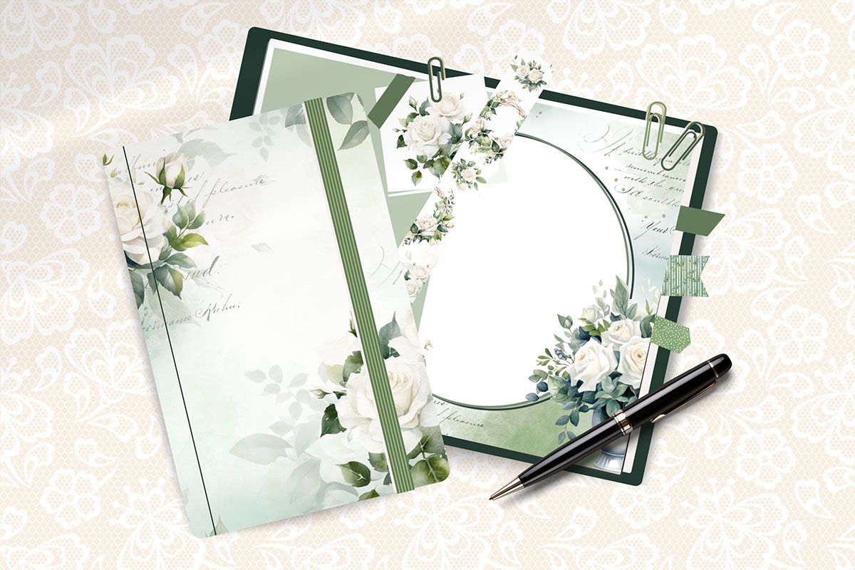 Decorative White Roses Digital Paper Set rendition image