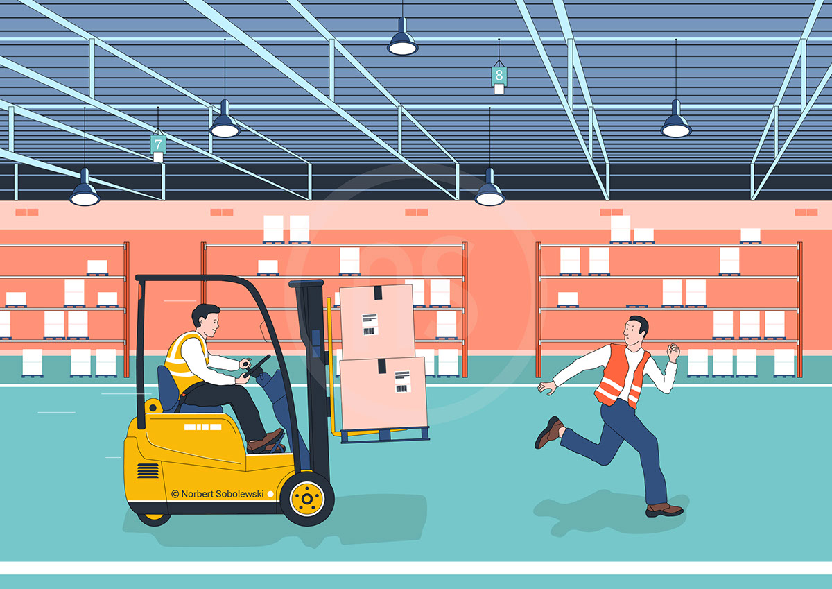 Forklift and pedestrian hazards_layered illustrator 2020 rendition image