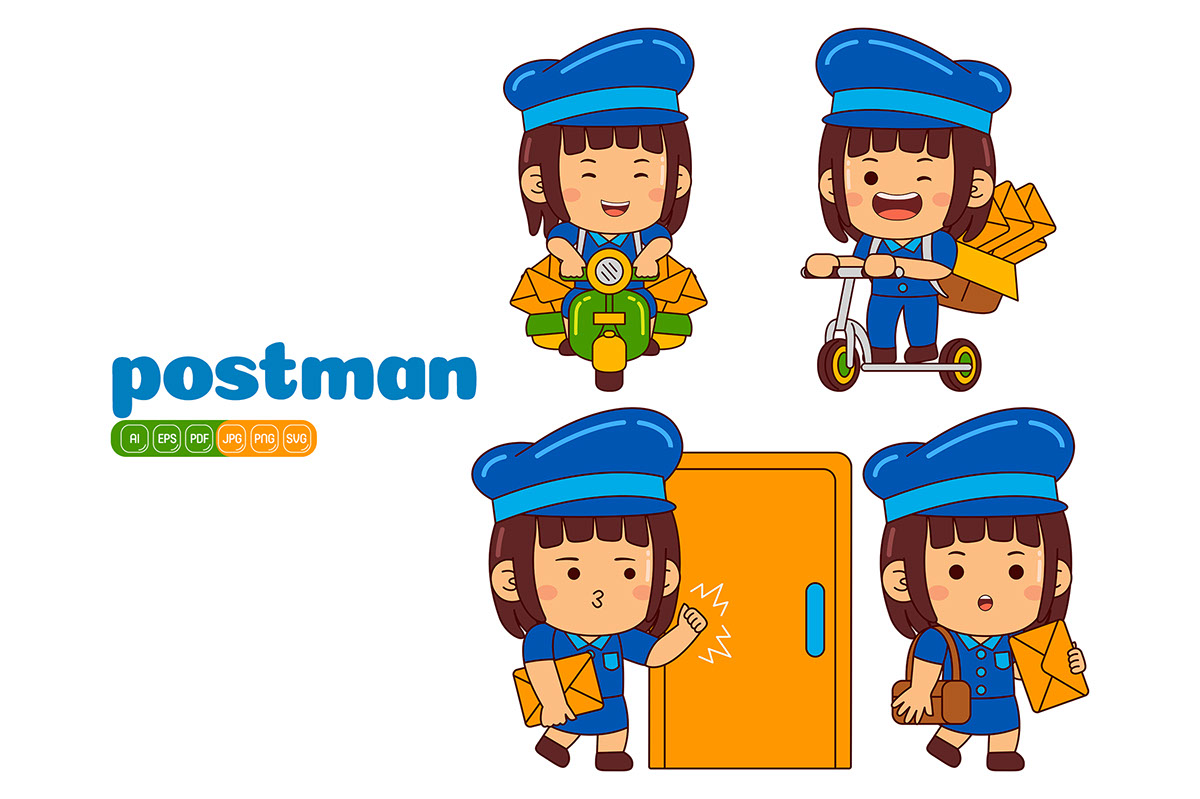 Kids Girl Postman Profession Vector Pack rendition image
