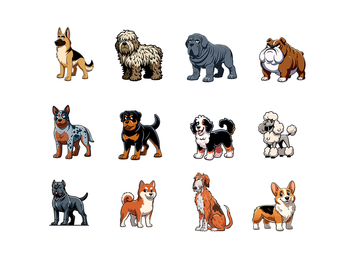 12-vector-illustrated-dog-breeds-and-dog-park rendition image