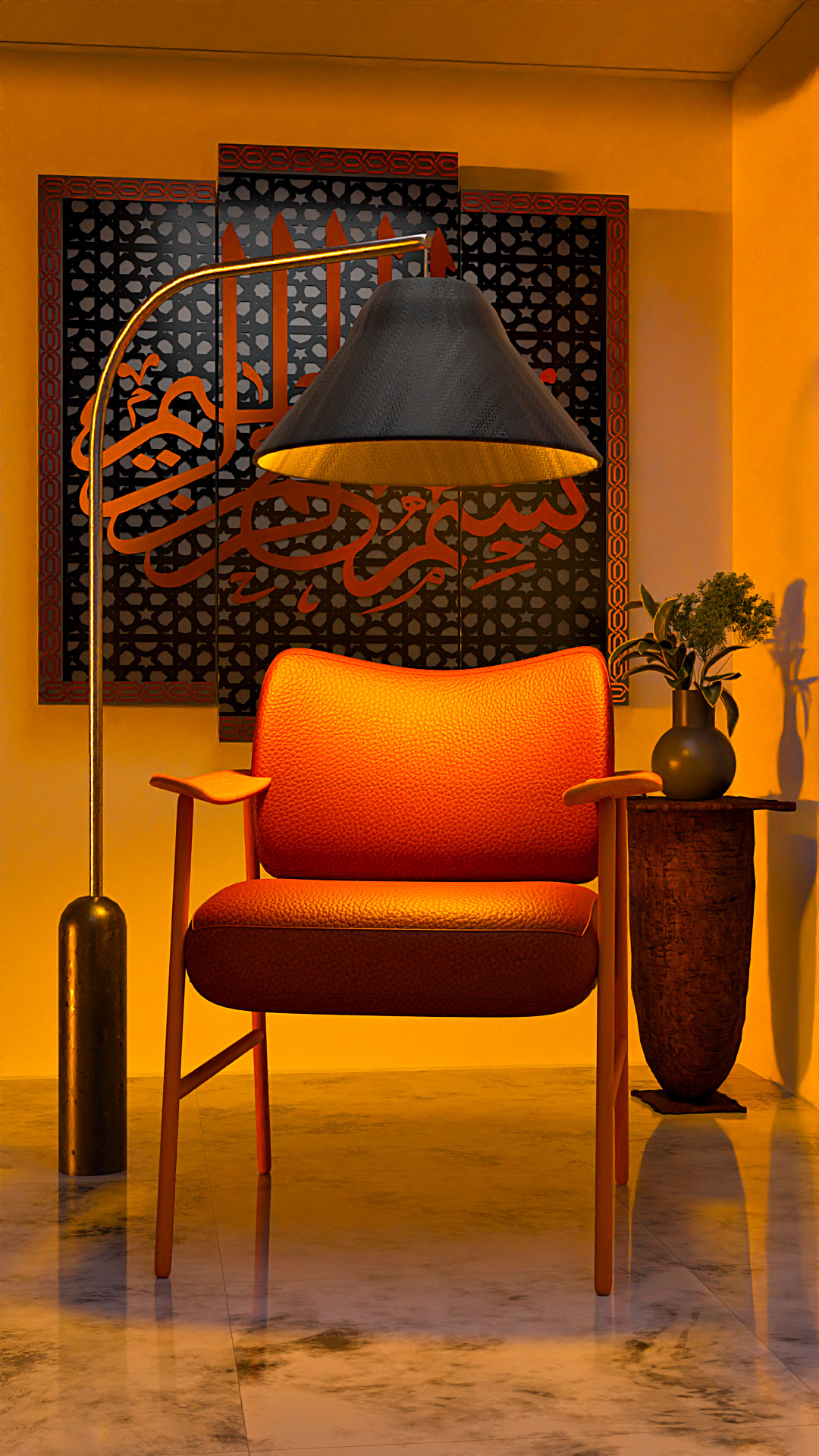 Chair and Lamp Scene with orange hues rendition image