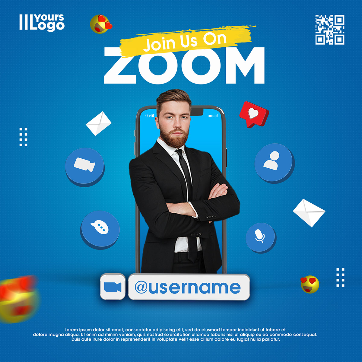 Join us on zoom social media square banner rendition image