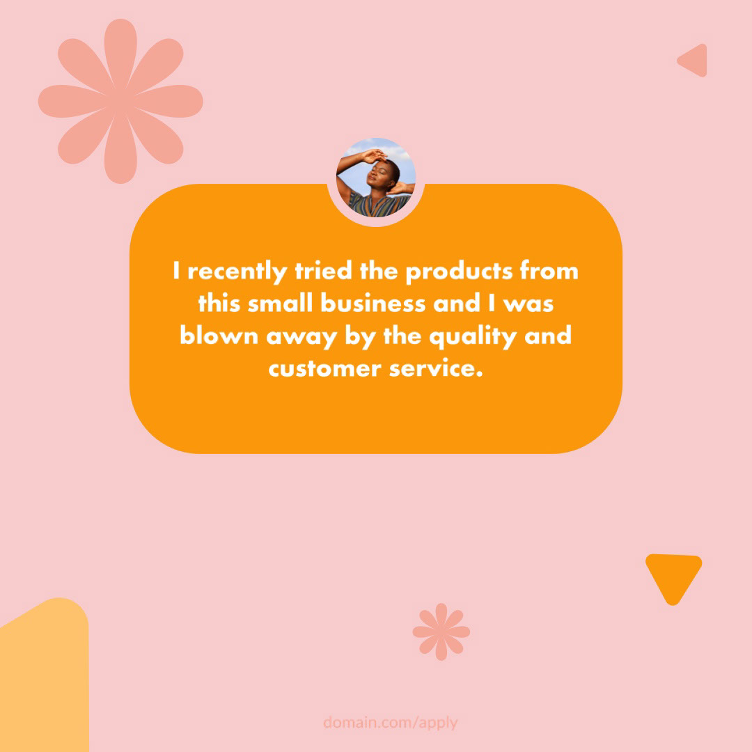 I recently tried the products from this small business and I was blown away by the quality and customer service. I recently tried the products from this small business and I was blown away by the quality and customer service. domain.com/apply