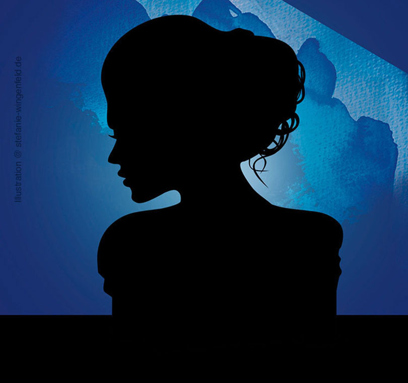 Silhouette-pure-black-on-blue-background-with-watercolor-elements rendition image