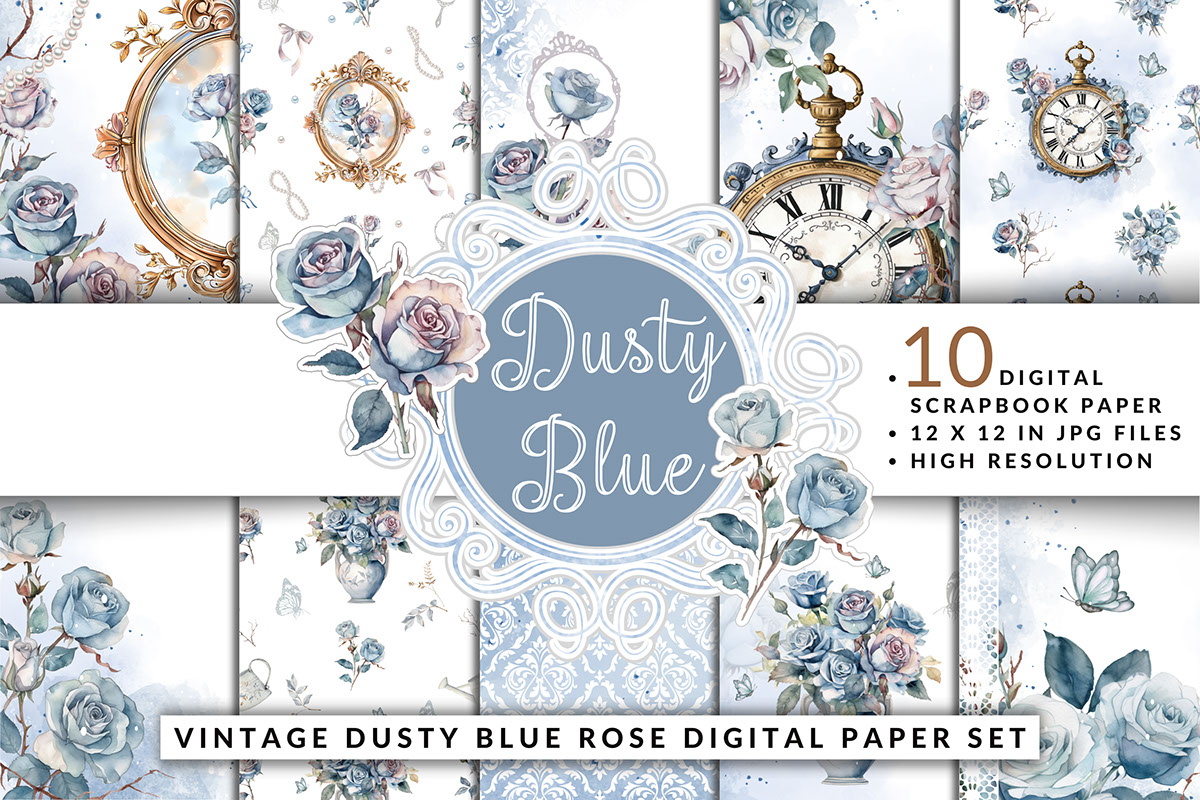 Vintage Dusty Blue Rose Digital Paper rendition image