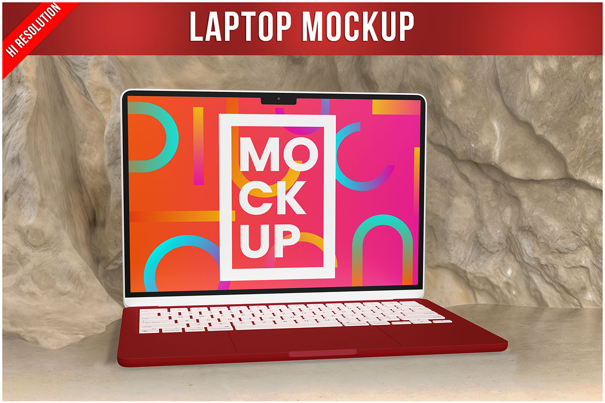 Laptop Leaning Against the Rock Mockup rendition image