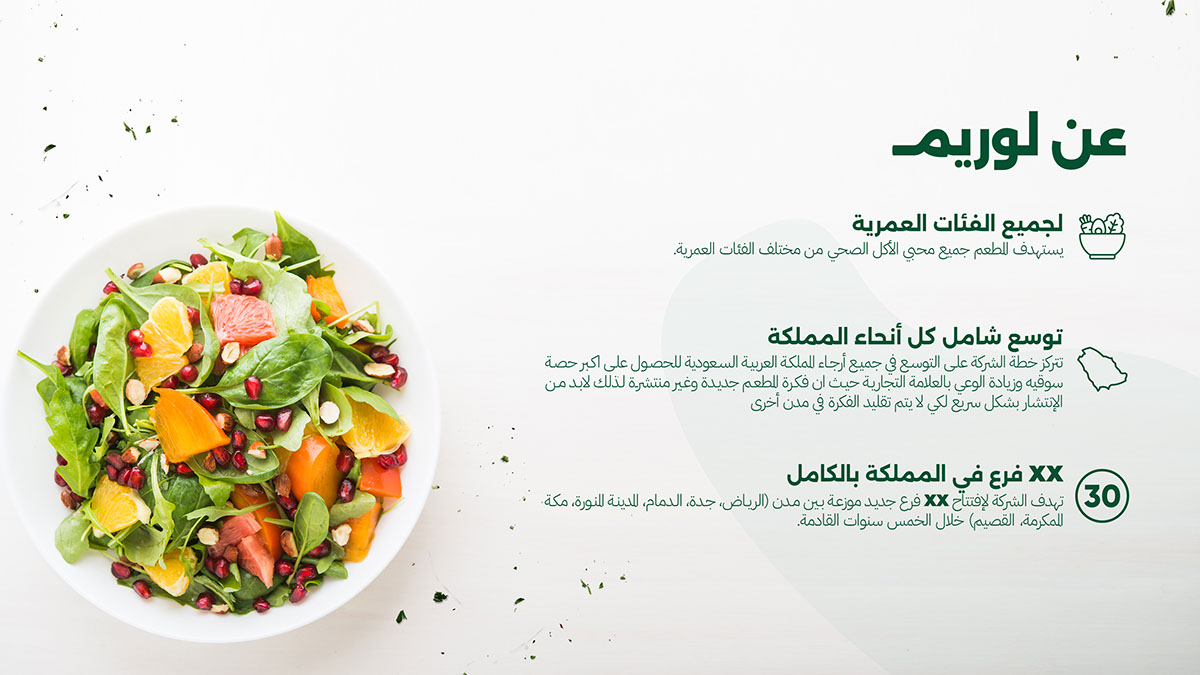 Food and Beverage Pitchdeck Template in Arabic rendition image