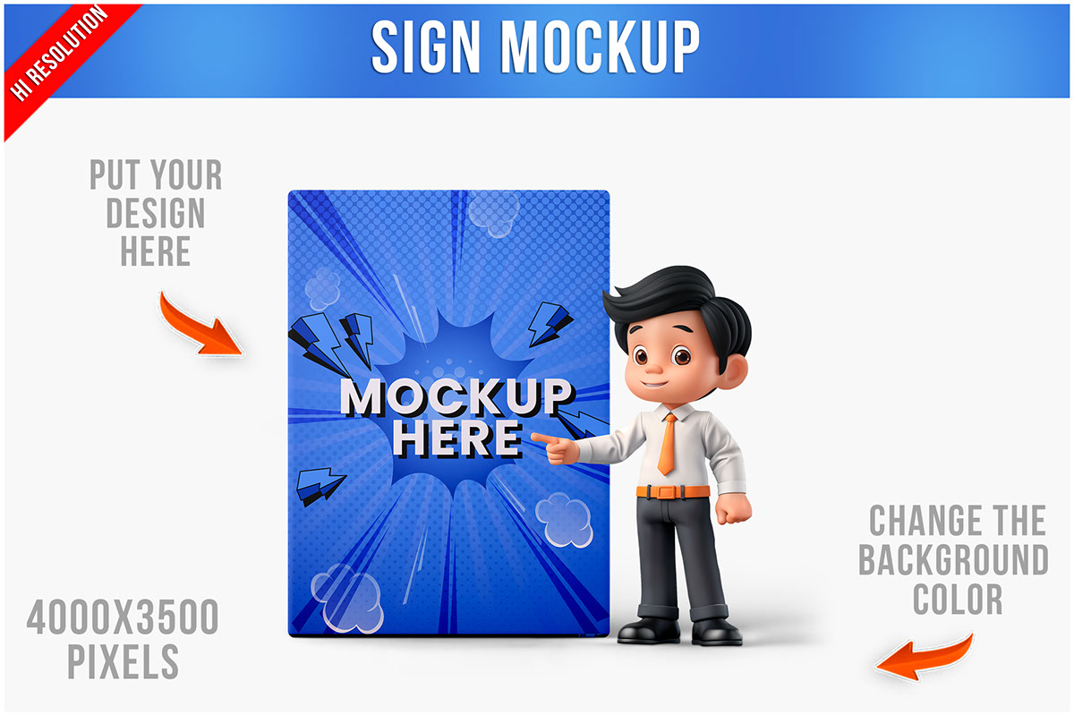 Boy Character Pointing at Sign Mockup rendition image