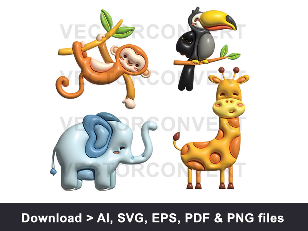 Collection of tropical animal inflated vector illustration rendition image