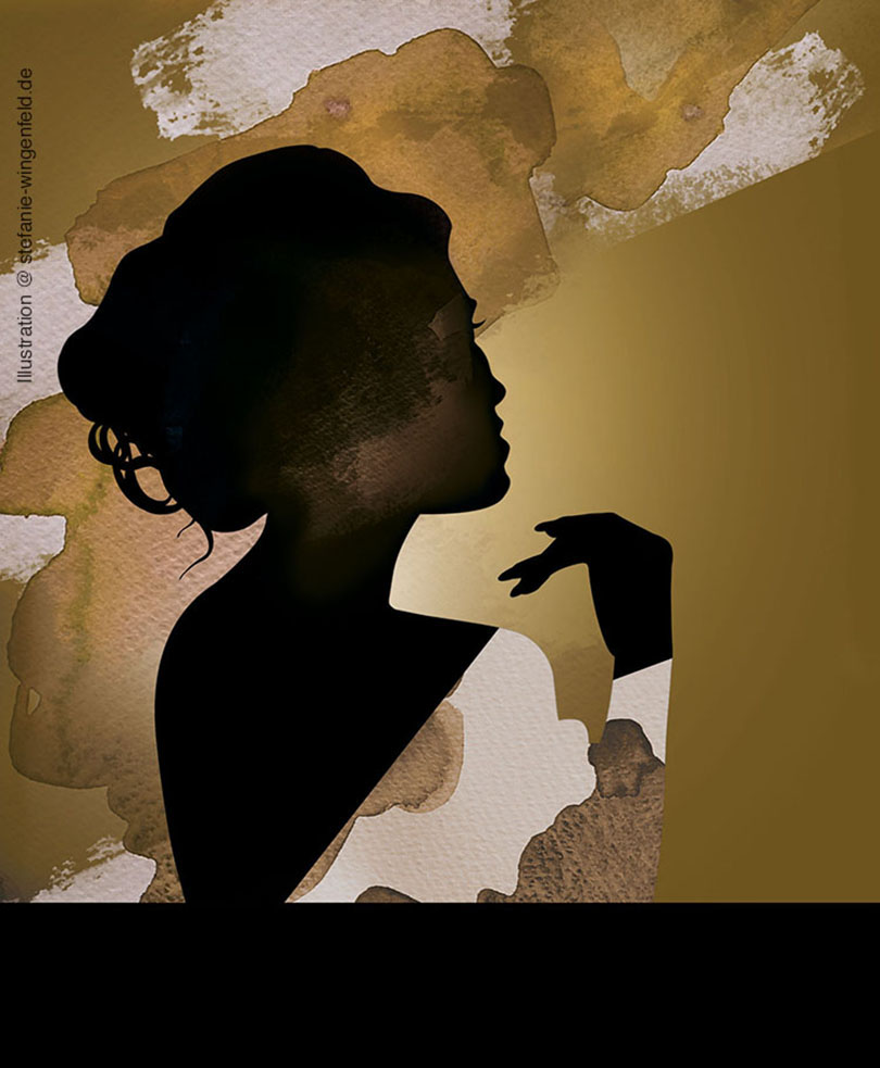Silhouette-black-on-golden-background-with-watercolor-elements rendition image