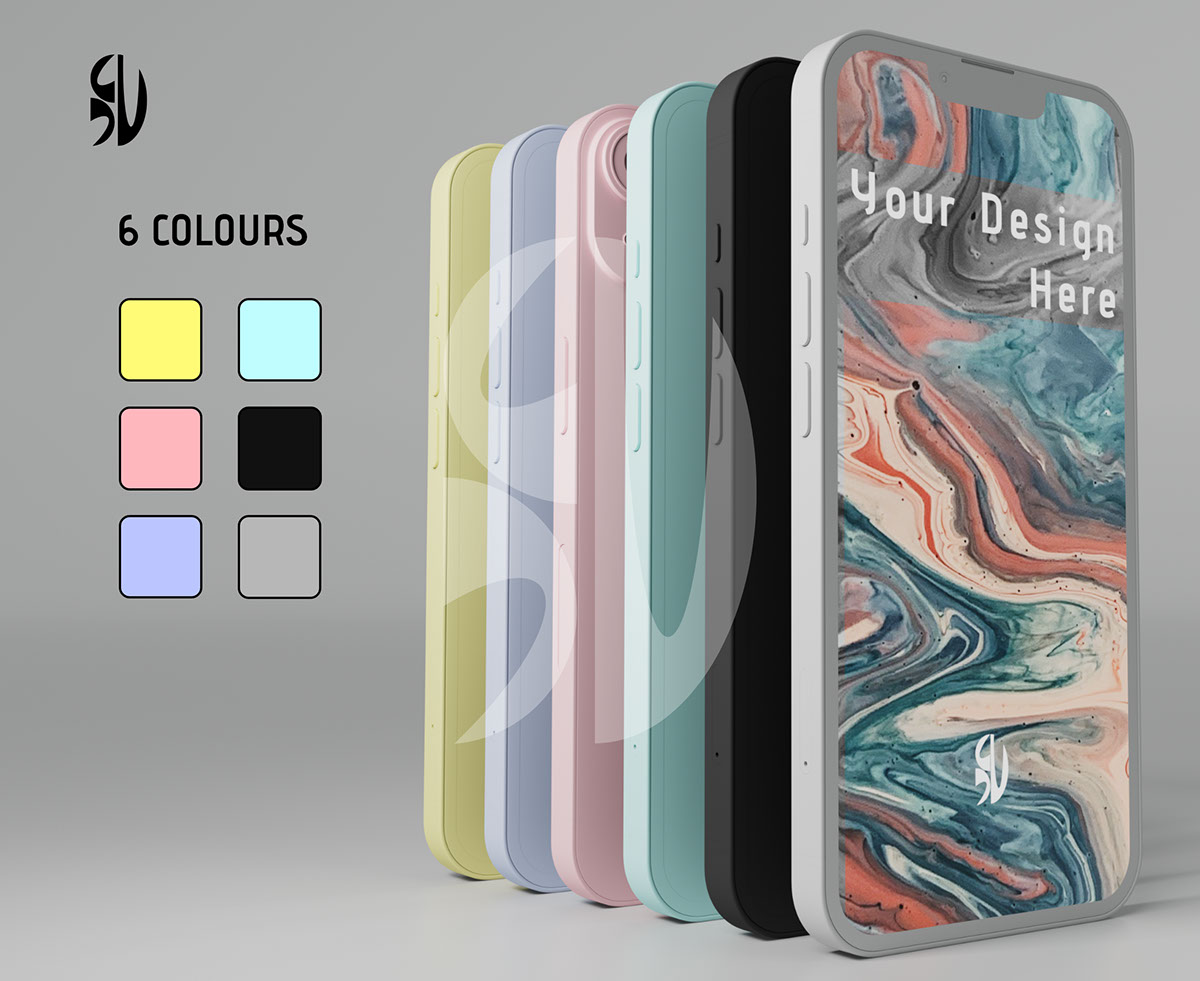 iPhone 14 Mockup 10 dynamic poses with customisable colours rendition image