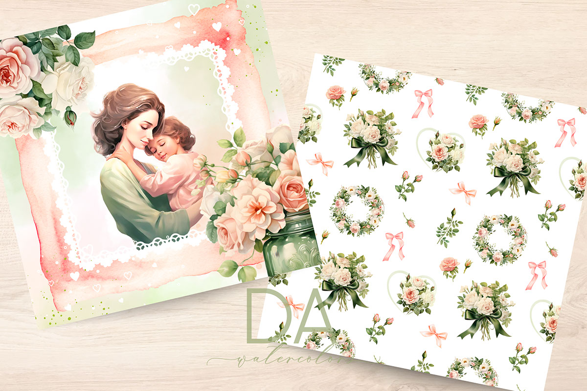 Vintage Mothers Day Rose Digital Paper rendition image