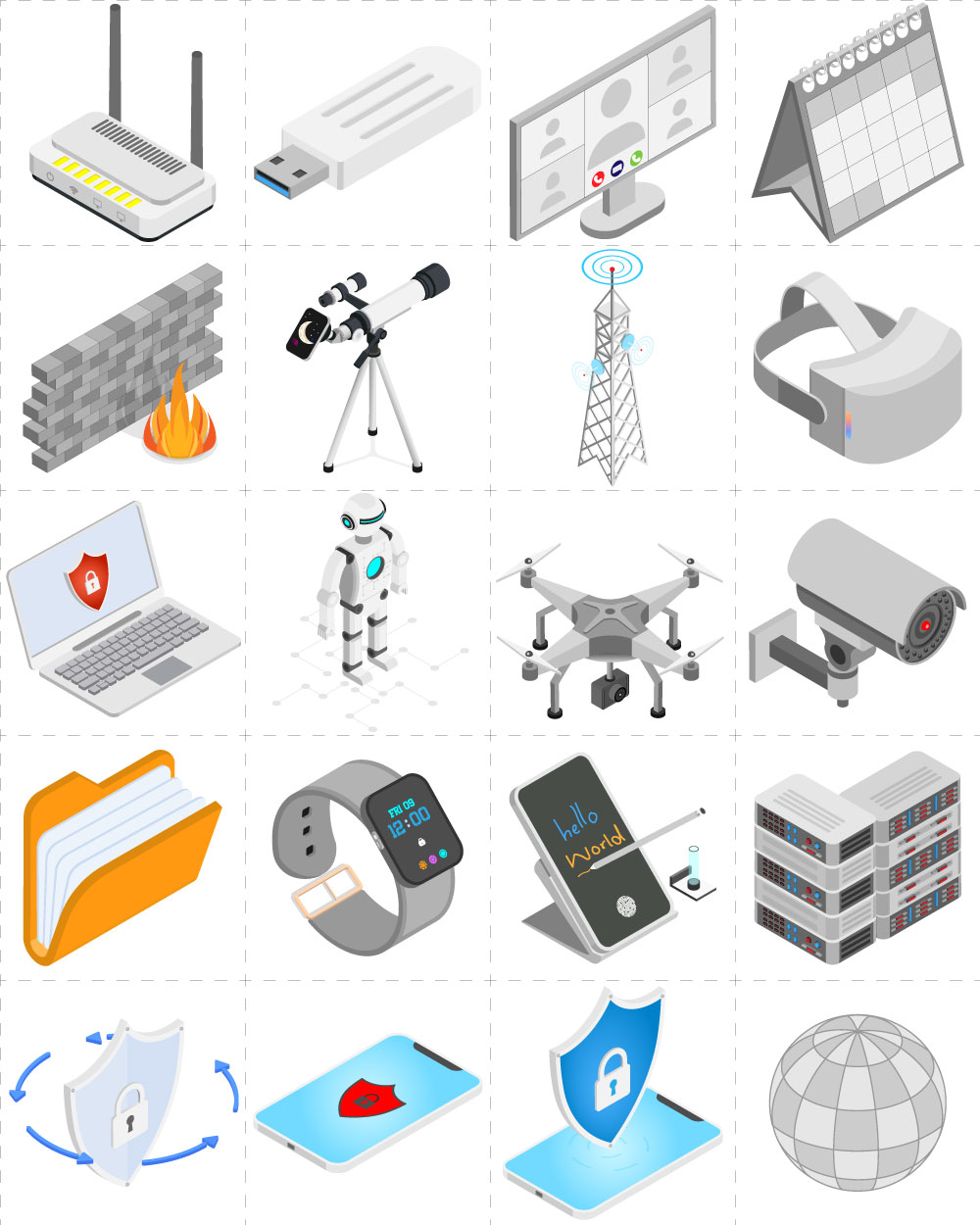 Isometric Tech and Cyber Security Icons rendition image