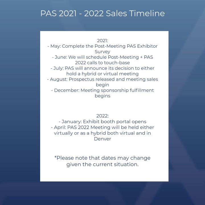 PAS 2021 - 2022 Sales Timeline PAS 2021 - 2022 Sales Timeline *Please note that dates may change given the current situation. 2021: - May: Complete the Post-Meeting PAS Exhibitor Survey - June: We will schedule Post-Meeting + PAS 2022 calls to touch-base - July: PAS will announce its decision to either hold a hybrid or virtual meeting - August: Prospectus released and meeting sales begin - December: Meeting sponsorship fulfillment begins 2022: - January: Exhibit booth portal opens - April: PAS 2022 Meeting will be held either virtually or as a hybrid both virtual and in Denver