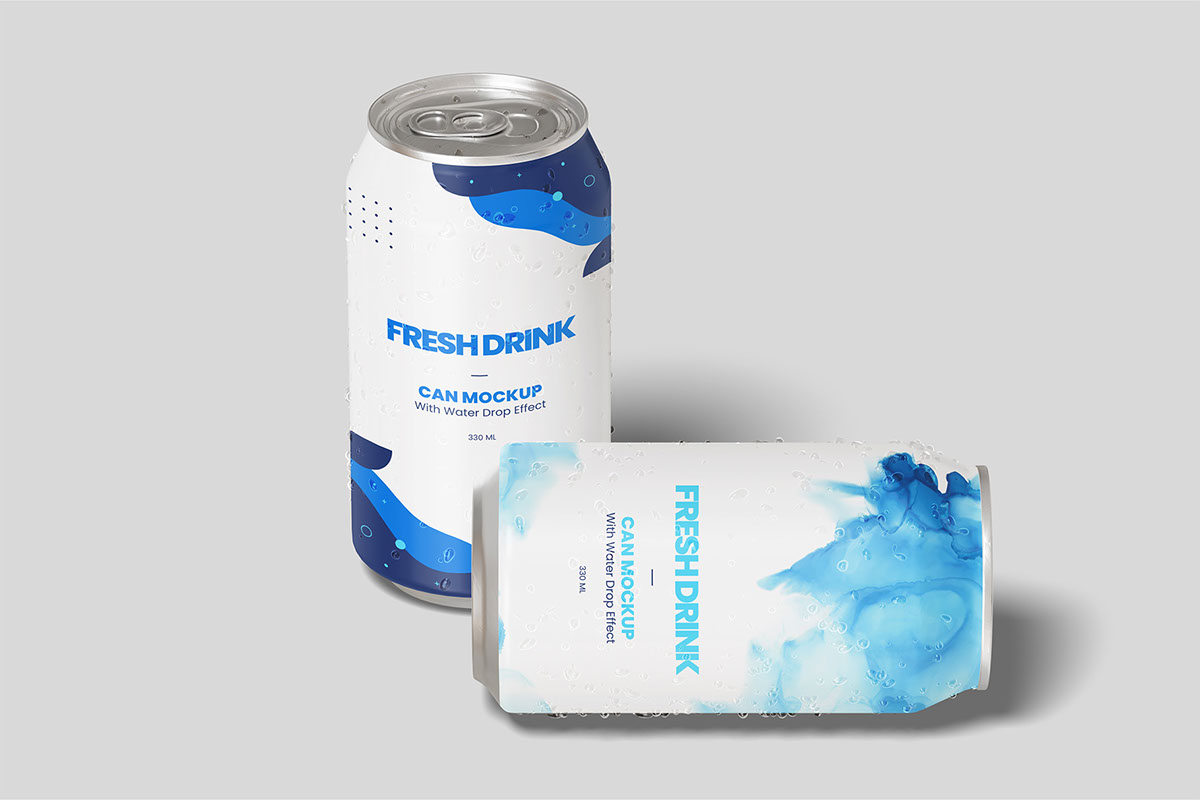 Soda Can with Water Drop Mockup Free Download rendition image
